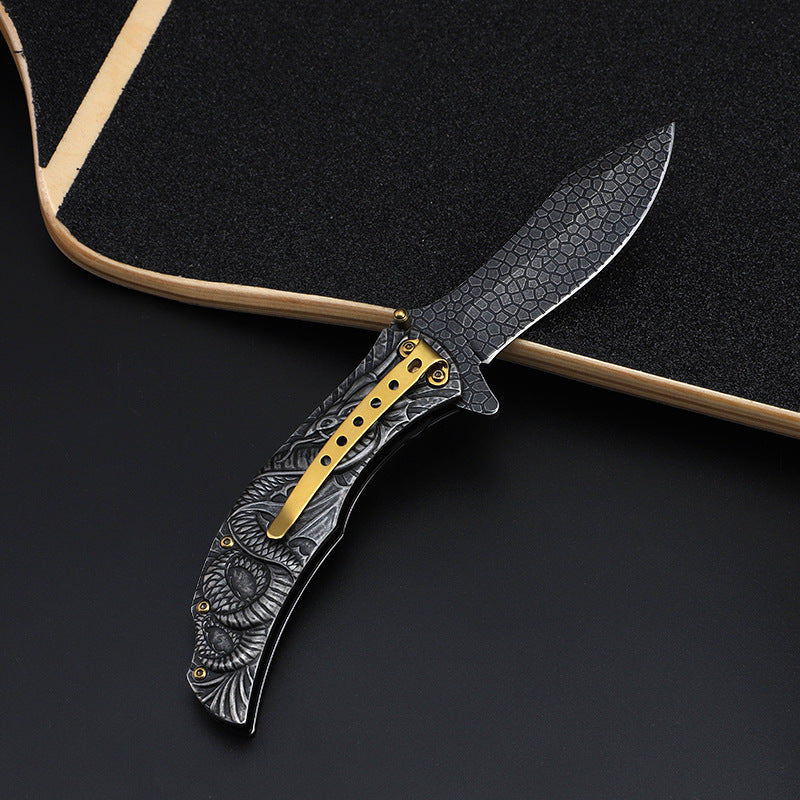 Dragon Embossed Handle Folding Knife Outdoor Camping Hunting Pocket EDC Tools