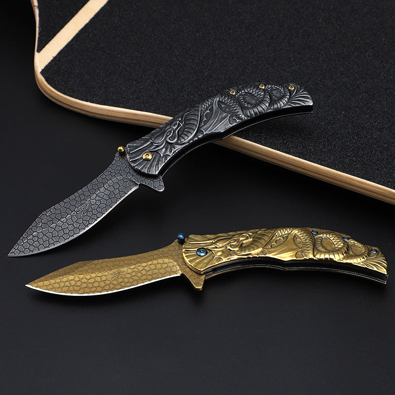 Dragon Embossed Handle Folding Knife Outdoor Camping Hunting Pocket EDC Tools