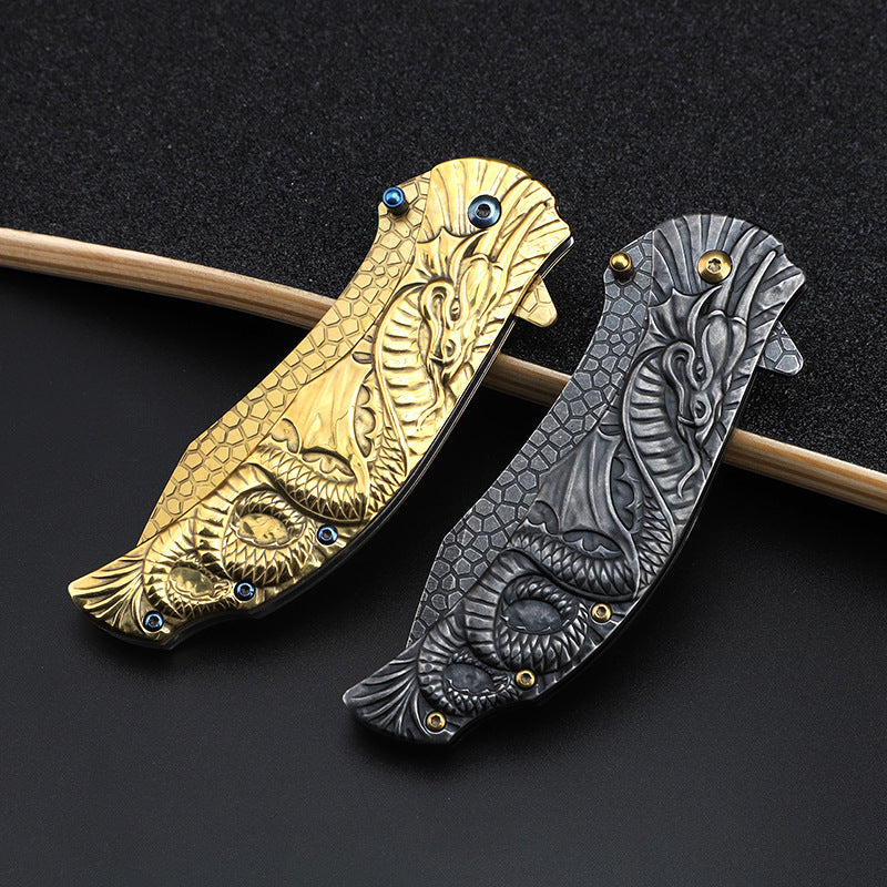 Dragon Embossed Handle Folding Knife Outdoor Camping Hunting Pocket EDC Tools