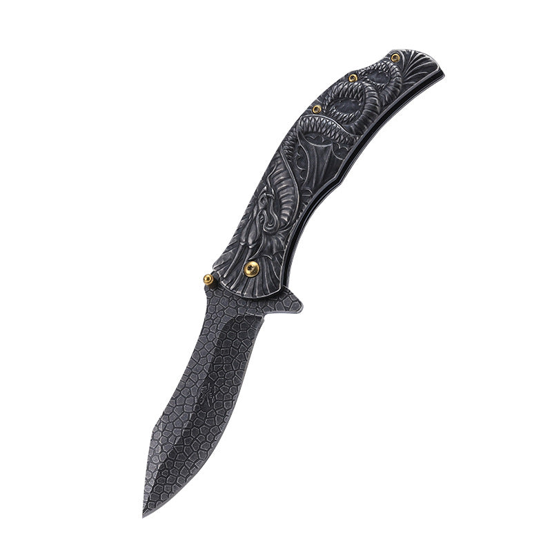 Dragon Embossed Handle Folding Knife Outdoor Camping Hunting Pocket EDC Tools