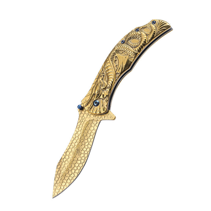 Dragon Embossed Handle Folding Knife Outdoor Camping Hunting Pocket EDC Tools