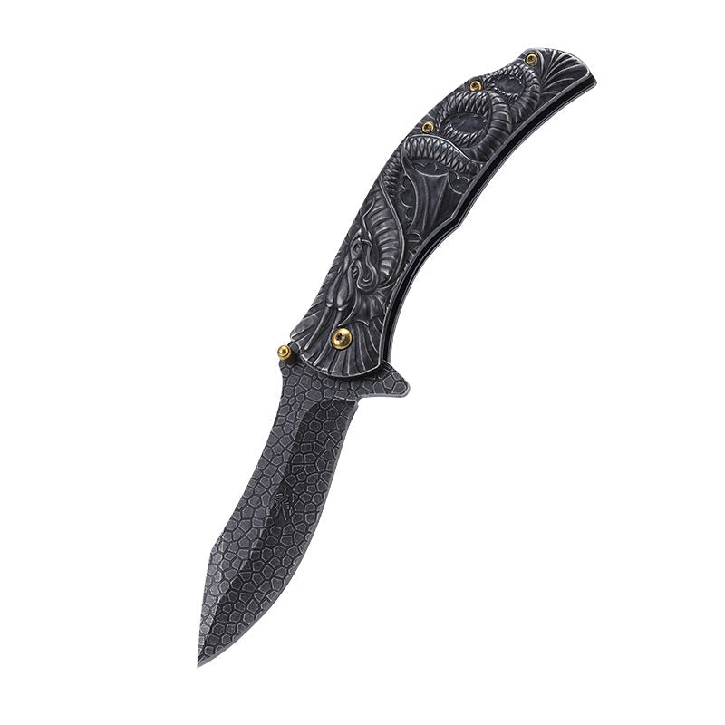 Dragon Embossed Handle Folding Knife Outdoor Camping Hunting Pocket EDC Tools