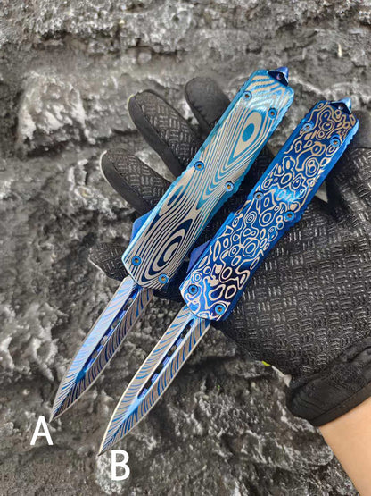 Blue Titanium Shark Tooth Dragon Straight Jump Knife