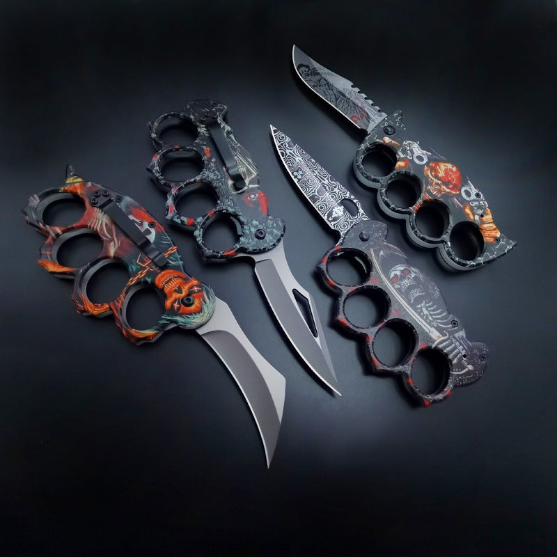 New Skull Printed Knuckle Folding Knife