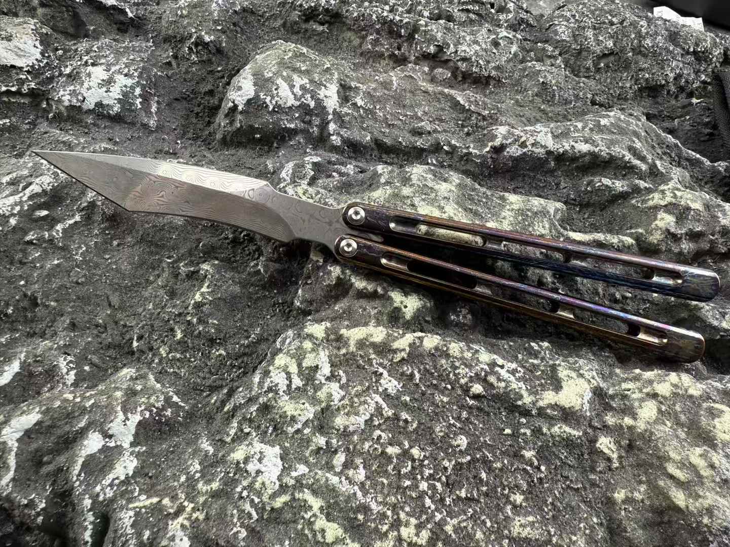 TheOne Integral Titanium Handle Flamed Viper Butterfly Damascus Blade Balisong Series